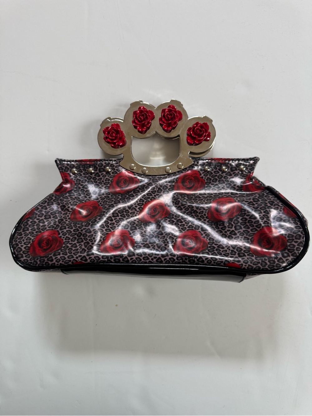 Too Fast Red Rose Leopard-Print Knuckle-Handle Clutch